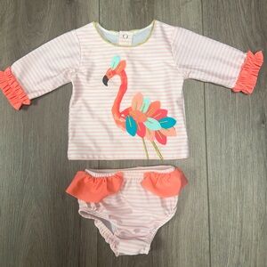 Mud Pie Adorable Baby Swimsuit, 3-6 months, Flamingo design with stripes ruffles